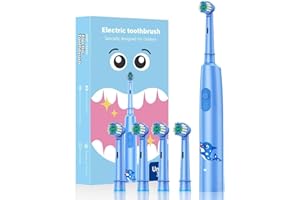 DRQZWP Cepillos de dientes eléctricos para niños de 6 a 12 años, cepillo de dientes infantil eléctrico recargable con temporizador, 3 modos, lPX7 resistente al agua con cabezal de 4 cerdas suaves (azul)