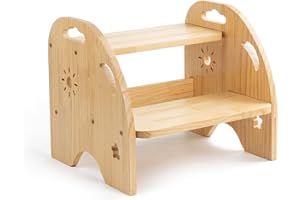 ‎ATMINI Tritthocker Kinder Holz 2 Stufen – Rutschfester Kinderhocker mit Griff – 200kg Belastbarkeit für Küche & Bad ab 3 Jahren