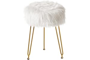 IBUYKE Faux Fur Vanity Stool Chair, Furry Makeup Stool Ottoman, Soft Padded Seat, Round Footrest Footstools with 4 Metal Legs, for Living Room Bedroom Entryway, White LG-32W