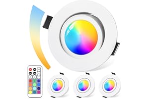 GeyouLux Spot LED Encastrable Dimmable RGB,IP44 Aluminium Spot LED 230V 68mm,5W 3CCT, Orientables 120°+ 45° Spots de Plafond Blancs avec Télécommande IR pour Salle de Bain,4 Pièces