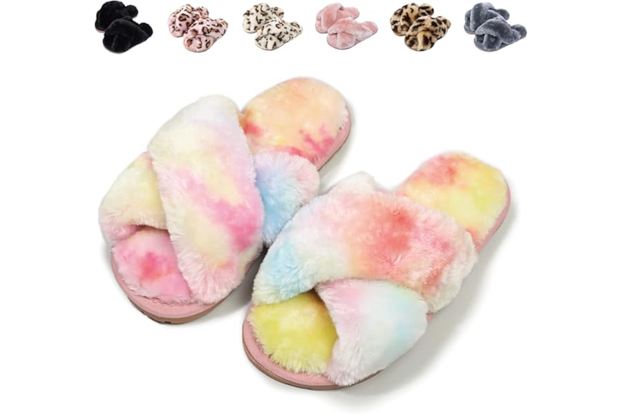Fadezar Girls Fluffy Slippers Warm Plush Memory Foam Slippers for Kids Cute Leopard Print House Slipper Open Toe Slip on Slider Slipper