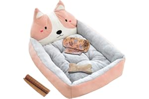 TOMTOC GODGETS Cama para Gato Perro, Cama de Perrera Dibujos Animados Almohada Rectángulo para Mascotas Cómodo Mascota Gato y Perro Cama,Pink Akita(Bed+Mat+Toy+Blanket),50 * 40 * 12CM