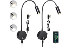 ERWEY 2Pcs Reading Lamp Wall Mounted, LED Bedside Light with Switch Touch Dimmable and USB Charging Port, Bed Reading Light 360° Swing Gooseneck Lamp with Plug and Cable for Bedroom (Black)