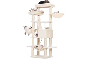 Heybly Rascador para Gatos, Árbol para Gatos, Altura 173 cm, Torre de Gatos, con 17 Postes Rascadores, 2 Plataformas, 2 Cesta, 1 Cueva, 1 Hamaca, 2 Pompones, Tela de Felpa, Beige HCT025M