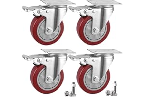 IQWTU Ruote Per Carrello 100mm Ruote per mobile, Rotelle Piatte con freno, Ruote Girevoli a 360 Gradi, Rotelle per Mobili Capacità di carico massima 600kg Set di 4 (4 con freno) (Rosso)