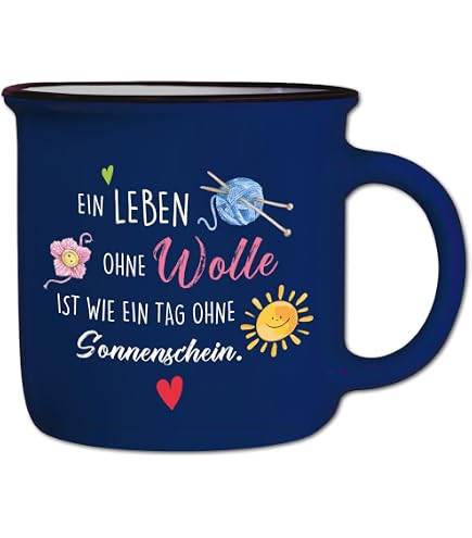 Tasse „Wolle Macht Glücklich“ – Keramik, 330 Ml, Grüner Griff & Innenbereich
