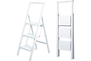 UZIRO Escabeau 3 Marches, Escabeau Pliable et Compact, Echelle Décorative avec Marche Pied Antiscivolo, Idéal pour Maison, Peinture et Décoratif, Durable, Facile à Ranger, Couleur Blanc