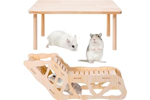 PORFOYO Trähus för hamster med plattform, tunnel, gömställe, lämpligt för hamstrar, dvärghamstrar, gerbiler, råttor, marsvin