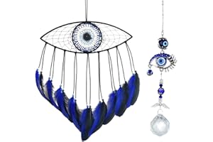 Soulnioi Blue-Black Evil Eye Hand Crocheted Dream Catcher Home Decor Pendant and Blue Eyes Crystal Pendant with 30mm Lighting Ball