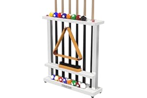 ‎STRADIVARI Stradivari Queueständer Francesca | Für bis zu 6 Queues | Für Verschiedene Längen geeignet | Mit Ball- und Bürstenablage und Dreiecksaufhängung | Standfest, Keine Wandbefestigung nötig