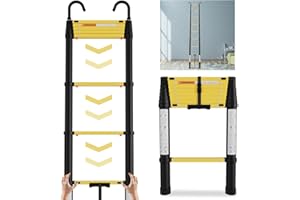 Cecaylie Scala telescopica in alluminio, 2,6 m, in alluminio, antiscivolo, con un pulsante retrattile e gancio rimovibile, scala in alluminio con chiusura morbida, fino a 150 kg, colore nero