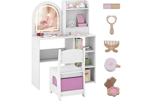 COSTWAY Tocador de Maquillaje Niña, Tocador Niña con Silla con Cajón de Tela, Espejo Iluminado de 3 Colores, Estantes Abiertos y 3 Ganchos, Mesa de Maquillaje para Niñas de 3+ Años (Blanco)