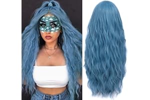 ‎MILDISO Perücke Blau Damen Lang Locken Perücken mit Pony und Perückennetz für Frauen Mädchen Super Natürlich Volle Synthetik Kunsthaar Wig 001L