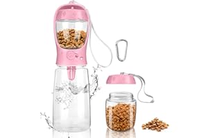 MYOWELL Portable Dog Water Bottle - 550 ml Dog Drinking Bottle for On the Go with 100 g Dog Food Cup, for Large Small Dogs Leak-proof Water Bottle (Pink)