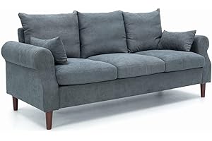 Panana 3 Seater Sofa,Rolled Armrest Design Upholstered Gray Linen Solid Wood Legs Couch,195 x 80 x 80 cm