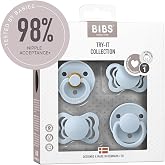 BIBS Try-it Pacifier, 0-6 Months, 4-Pack, Assorted Teats, Baby Blue | Various Types of Teat | Natural Rubber Latex &amp; Silicone