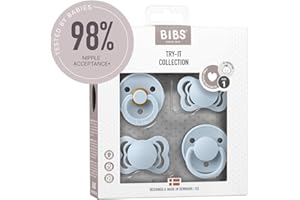 BIBS Schnuller 4er-Pack, Try it starter pack, BPA-frei, Kirschform, Symmetrische und Kiefergerechte Sauger. Naturkautschuk/Silikon, Hergestellt in Dänemark. 0-6 Monate (4er Pack), Baby Blue