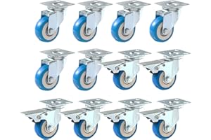 ONLINE BEST SERVICE FactorDuty 12 Pack 50mm up to 240KG Heavy Duty Blue Polyurethane Castor Wheels, 6 No Brakes & 6 With Brakes for DIY, Furniture Trolley Caster Wheels