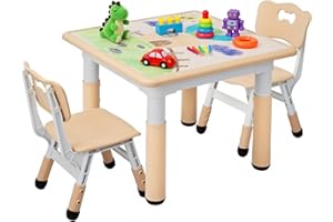 ‎MAMIZO Kindertisch mit 2 Stühlen, Kindersitzgruppe Höhenverstellbar Packung, Tisch Stuhl Set für Kinderzimmer, Plastik Kindermöbel, Maltisch Sitzgruppe für Mädchen ab 3 Jahre（Gelb, Quadratischen Tisch）