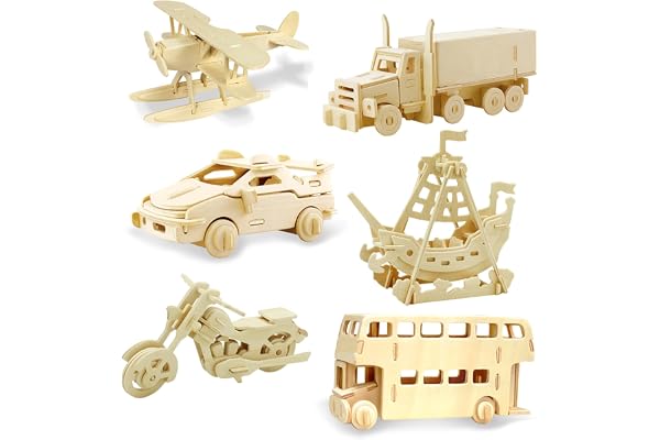 Georgie Porgy Puzzles 3D en Bois pour Enfants Dinosaures Avions Jouets de Construction en Bois Lot de 6 (Avion Bus Voiture Bateau Pirate Camion Moto)