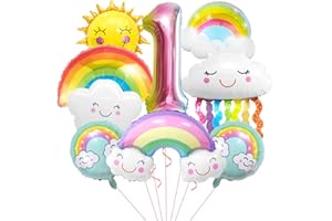 AURASKY Decorazioni Palloncini Arcobaleno 1 Anno, Palloncini Sole e Nuvole, Palloncino Numero 1 Grande, Palloncini Nappa Arcobaleno, Addobbi per Tema Colorato Compleanno Bambini Festa