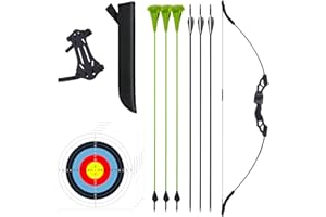 VALYPANOR Bogen und Pfeil Set für Jugend Junior Bogenschießen Longbow Training 18 Lb Bogen mit 6 Sicherheitspfeilen, 5 Ziel Gesichtspapier, Armschutz, Quiver, für Outdoor Sport Spiel Geschenk