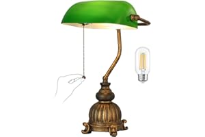 Newrays Lampada da scrivania retrò in vetro verde per ufficio domestico, biblioteca con interruttore a catena e presa di corrente, lampadina LED inclusa