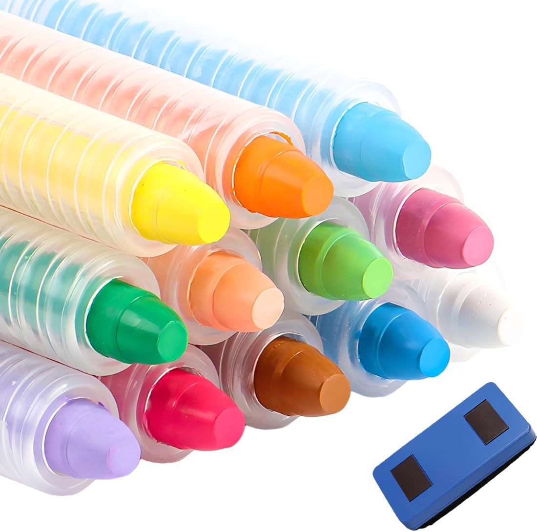 YIPFEN 12 Tizas de Colores para Pizarra, Sin Polvo, No Tóxicas, Lavables, Borrables, Tizas para Niños, Herramienta de Arte para Dibujar y Escribir en Pizarras
