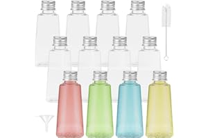 CAEEKER 12 PCS Miniature Alcohol Bottles 60ml Mini Liquor Bottles Small Favour Bottles Reusable Empty Bottles Plastic Juice Bottles Containers with Silver Screw Caps, Funnel, Cleaning Brush for Party