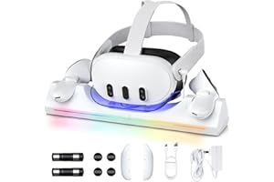 Auniq Oculus/Meta Quest 3 Charging Dock with RGB Light, 30W Fast Charging VR Headset Charging Stand for Quest 3 Headset & Controller Charging Station Quest 3 Accessories with 2 Rechargeable Batteries