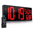 Large Digital Wall Clock with Remote Control 17.2" LED Large Display Timer with Temperature Date Week Auto DST Adjustable Brightness, Big Wall Alarm Clock for Living Room Office Garage Gym Seniors