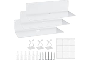 OIJOIYOI 3 Pcs Acrylic Floating Shelves, Wall Mounted Display Shelf Self Adhesive, Wall Storage Shelves for Bathroom Office Picture Ledge Book Plant Speaker, with Cable Clips, Stickers, Screws, White