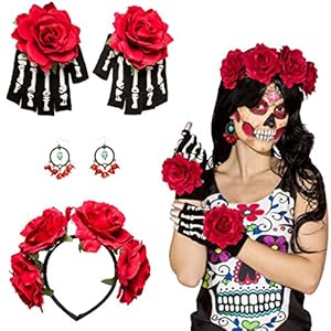 Set disfraz La Catrina Accesorio mexicano Banda del pelo, pendientes, guantes Complemento Día de los muertos Bisutería fiesta tradicional mexicana Traje halloween día muertos Moda oscura calavera