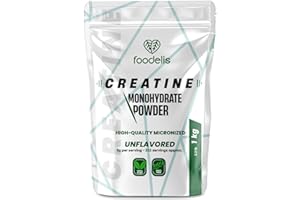 Foodelis Creatina Monoidrato Micronizzata in Polvere 1 kg – Senza Sapore – 100% Creatina Pura – Senza Additivi – Vegana – Alta Solubilità – Misurino Incluso