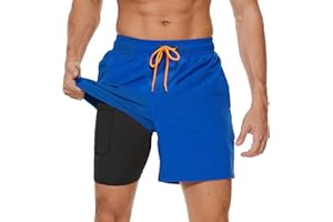 Arcweg Men's Swim Trunks Mens Swimming Shorts with Compression Liner Quick Dry Stretchy 2 in 1 Board Shorts with Zipper Pockets