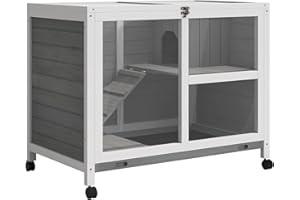PawHut Cage à Lapin clapier sur roulettes Petit enclos Animaux en Bois Massif 2 étages Toit ouvrant Plates-Formes 91,5 x 53,3 x 73 cm Gris