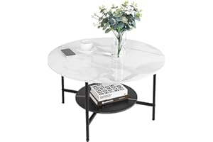 FATIVO Okrągłe stoliki kawowe z marmuru: 2-poziomowy biały i czarny stolik kawowy 80 cm blat ze spiekanego kamienia o wysokim połysku z matową czarną ramką nowoczesny duży stół środkowy salon