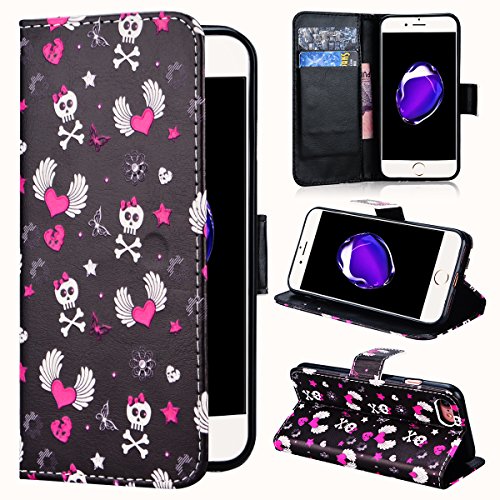 Preisvergleich Produktbild SMART LEGEND iPhone 7 Lederhülle Ledertasche Brieftasche Hülle Klapphülle Schutzhülle Gemalt Muster Premium Neu Flip Leder Schale Wallet Case Folio Tasche Inner Weiche Silikon Etui Ledercase Handytasche mit Standfunktion Kreditkarte ID Slots und Magnetverschluss Cover - Herz und Schädel