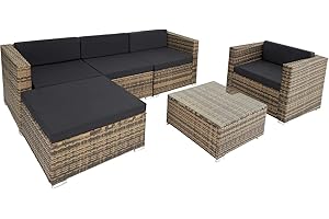 TecTake® Set Rattan Milano, Arredo Giardino Elegante con Poltrone, Panche, Tavolo Vetro - Resistente UV, Struttura Acciaio, Imbottitura Morbida, Versatile - Naturale