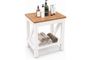 COSTWAY Taburete de Ducha de Esquina, Banco Impermeable de Baño con Estante de Almacenamiento de Madera, Asiento Bañera Adulto para Ducha para Uso en Interiores y Exteriores (Diseño 3)