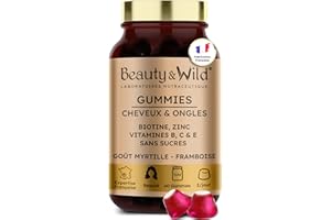 BEAUTY & WILD Gummies Cheveux et Ongles – Biotine, Zinc, Vitamines B6, B9, C, D3, E – 60 Gummies Sans Sucres – Croissance cheveux, Fortification, cheveux Brillants – Goût Myrtille Framboise – Fabriqué en France