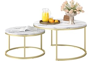 Ginhow Tavolino Salotto Bianco con cornice dorate, Coffee Table, set di 2 pezzi per il Tavolino da Salotto Moderno, Tavolo Rotondo da caffè con effetto marmo bianco