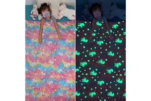 ‎CHMMY CHMMY Einhorn Decke Kuscheldecke Kinder Leuchtend im Dunkeln Einhorn Geschenke für Mädchen Flanell Warme Decke mit Sternen und Ponymustern für Kinder Jungen Mädchen Kostenlose Augenmaske (Mehrfarbig)