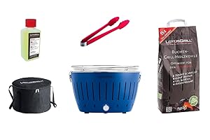 LotusGrill Starter Set - 1 x Barbecue with USB Connection, 1 x Beech Wood Charcoal 1 kg, 1 x Fuel Paste 200 ml, 1 x Sausage Tongs, Fire Red, 1 x Carrying Bag - the Low Smoke Charcoal Barbecue