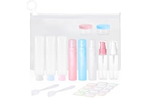 BEIIEB 12-teiliges Reiseflaschen-Set mit 2 Bögen Etikettenaufklebern, 1 Stück Kulturbeutel, Schlauchquetschflasche, Sprühflasche, nachfüllbarer Flüssigkeitsbehälter für Toilettenartikel, Kosmetik