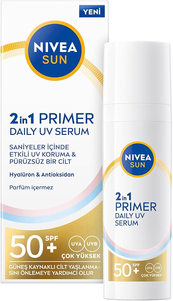 NIVEA SUN SPF50 Nemlendirici Primer Serum 30ml, Makyaj Bazı, Hyaluron, Antioksidan, Yüksek Güneş Koruyucu
