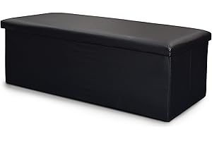 Home Republic Large Ottoman Storage Box Folding Seat, Storage Stool Faux Leather Toy Chest Practical Bench Blanket Box (Black, 76x38cms)