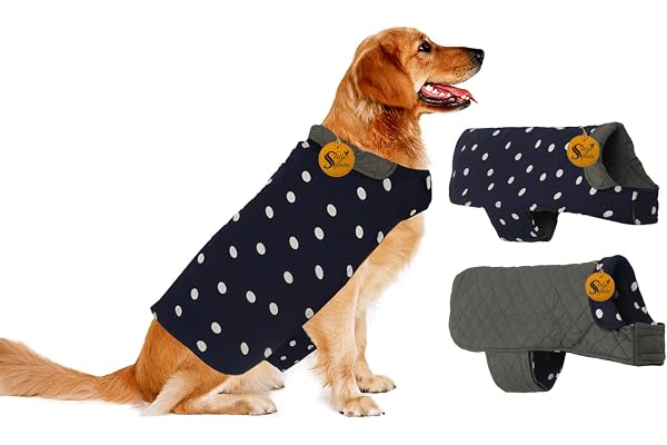 Sage Square 2 in 1 Premium Reversible Double Side Dog Coat, Ultra Warm Windproof Winter, Thicker Fleece Jacket for Cold Weather (Navy Blue and Grey) (Medium-Large) (22 Inches)