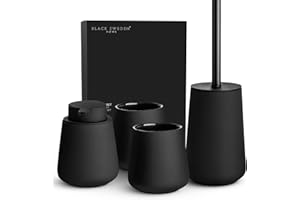 Black Sweden Home - Komplettes Badezimmer-Zubehör-Set: Hochwertige Keramik, Seifenspender, 2 Gläser, abnehmbare WC-Bürste - nordisches Design, matt schwarz, 4 Stück