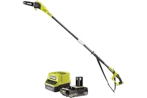 RYOBI ONE+ 18V Podadora de altura telescópica RPP182020 – Espada 20 cm, 5,5 m/s, cabezal 30°, lubricación automática – Kit con batería 2,0 Ah y cargador (alcance hasta 3 m)